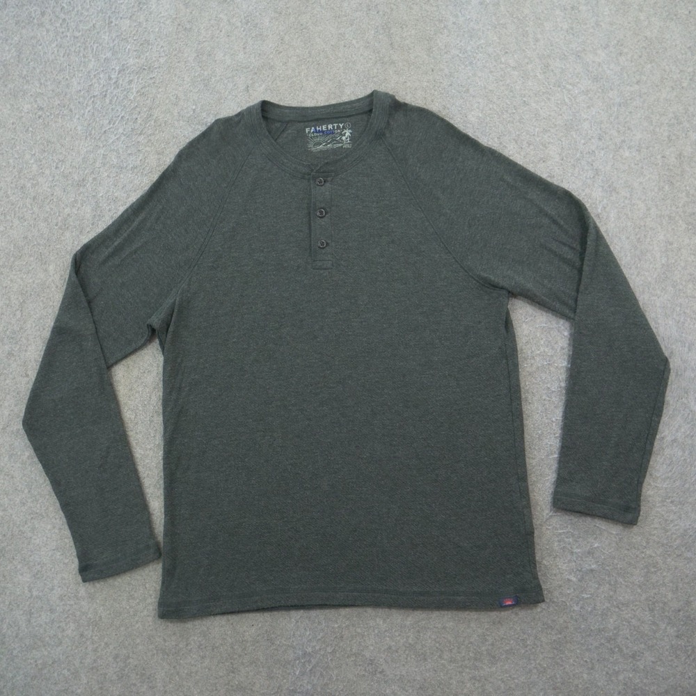 Faherty Reserve Polo Shirt Mens Large Gray Henley Button Long Sleeve Cotton